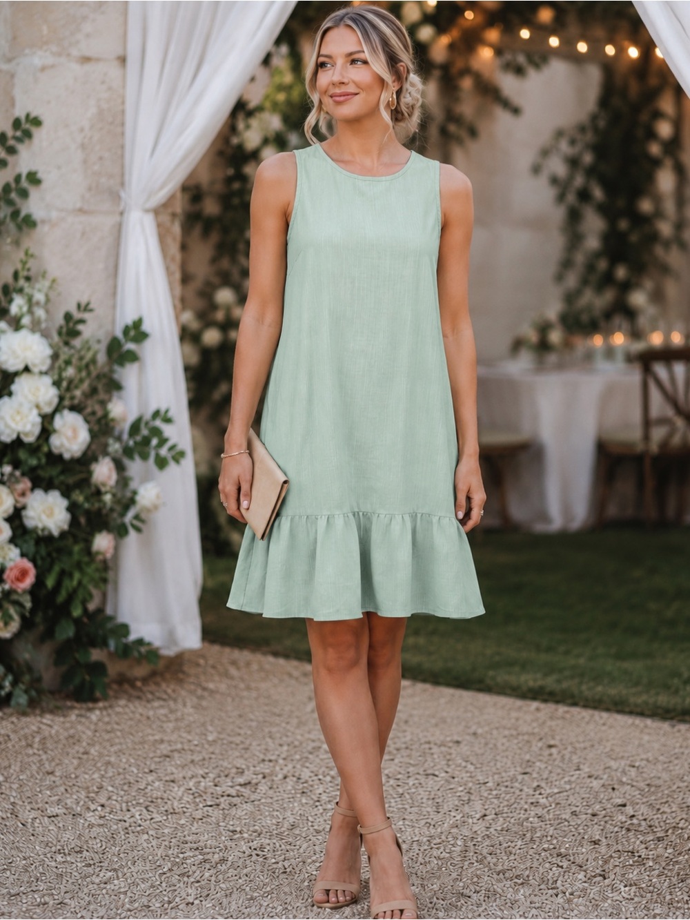 Sleeveless Mint Green Ruffle Hem Dress